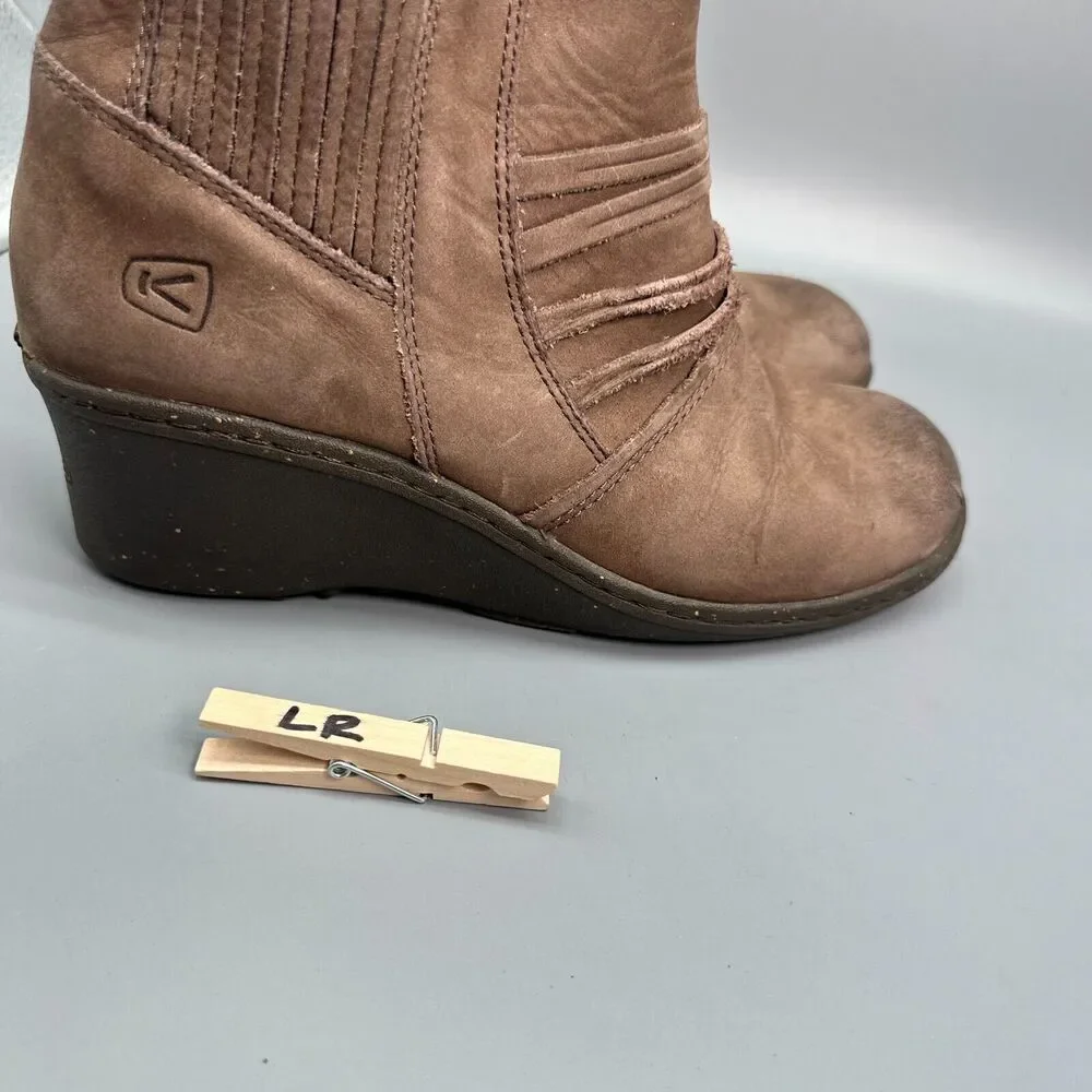Keen Zurich Women's 9 Brown Leather Ankle Boot Pull On Side Zip Wedge Heel